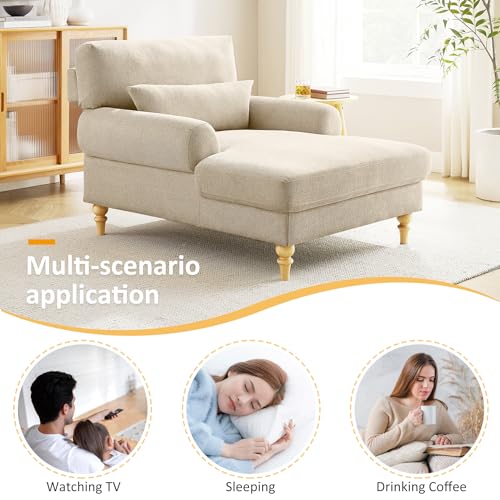 Condemo Modern Chaise Lounge Chair, Upholstered Indoor Leisure Sofa Recliner, Chair Sleeper with Solid Wood Legs & Lumbar Pillow for Bedroom, Living Room, Study Room, Office, Beige White