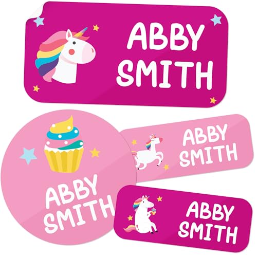 Personalized Daycare Name Labels for Kids, (130 Pack) Waterproof Custom Name Stickers for Clothing Tags, Lunch Boxes and School Supplies, Made in USA by MSC -Unicorn