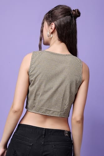 Image of POPWINGS Casual Check Printed V-Neck Sleeveless Button Closure Waistcoat Crop Top for Women || Stylish Western Woman Crop Top for Summer || Sleeveless V-Neck Crop Tops for Women