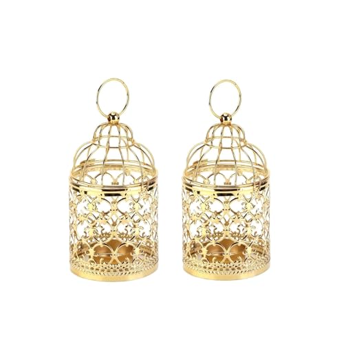 2PCS Decorative Bird Cage Candle Holder, Gold Vintage Candlestick Holder Hanging Tealight Small Lanterns Decorative Mini Candle Stand Metal Birdcage Candle Holders for Wedding Party Table Decor