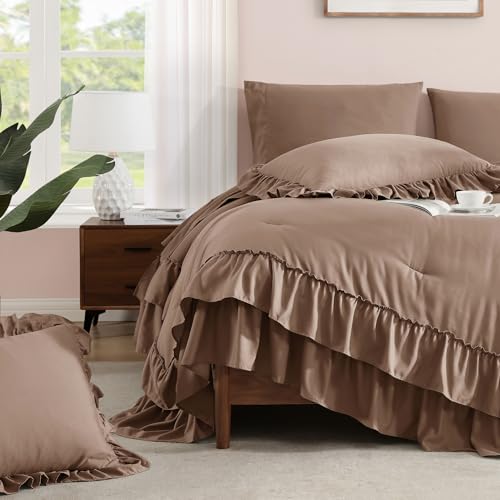 Image of Full Size Comforter Set Amber Brown Ruffle 7 Pieces Farmhouse Bed in a Bag | Shabby Chic Fluffy All Season Bedding Sets with Sheets, Pillowcases & Shams