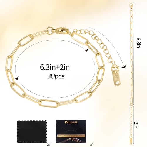 Wurosi 30PCS Paperclip Charm Bracelets Chain for Jewelry Making,6.3Inch 18K Gold Plated Bracelet Chain DIY Charm Bracelet Kit with Lobster Clasps(Gold)