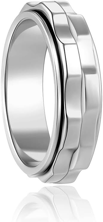 Fidget Anxiety Spinner Ring For Men, Two Gears Stainless Steel Silver Ring Wedding Band Jewelry Size 8-11