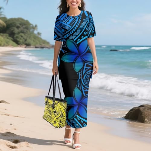 Image of Puletasi Samoan Traditional 2 Piece Outfits for Women Short Sleeve Crop Top and Maxi Skirt Sets Puletasi Dress