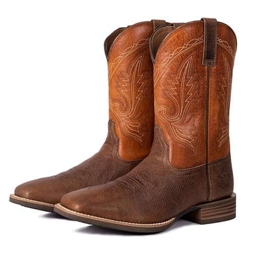 Image of Palitutu Men's Western Cowboy Boots, Fashionable Embroidered Full Grain Leather, Square Toe Pull-On, 4-Layer Composite Sole, Slip-Resistant Work & Riding Boots