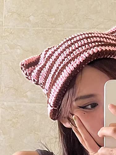 Women Girls Boys Teens Cute Cat Kitty Ears Hats, Winter Warm Knitted Stripe Grunge Accessories Slouchy Headgear (Black Stripe,One Size) #TOP3