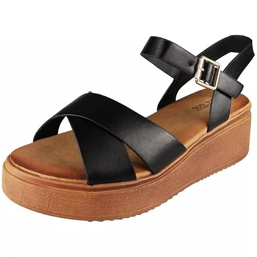 Image of LoudLook Womens Sandals Platform Cushioned Open Toes Girls Strappy Faux Leather Wedge Summer Comfy Shoes Sizes Black 5