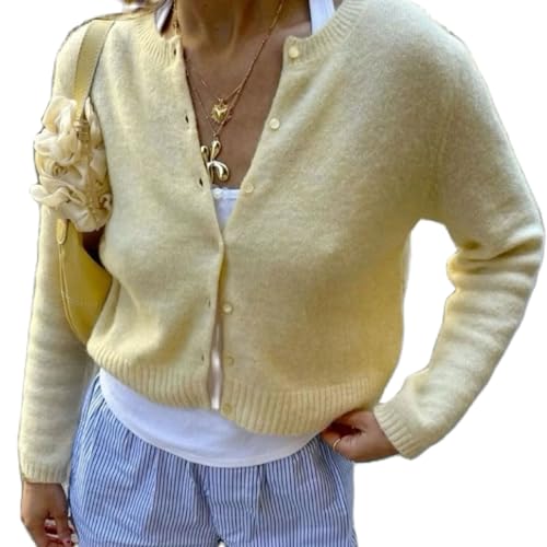 Image of Muineobuka Women Knit Cropped Cardigan Tops Long Sleeve Button Down Lightweight Bolero Sweater Tops Yellow, Large