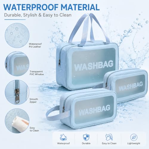 Image of MELVIS Waterproof Travel Toiletry Bag for Women | 3-Piece Pink Faux Leather Makeup & Toiletry Organizer Set with Clear Window | Cosmetic Wash Bag Pouch for Travel Accessories & Brushes (Blue)