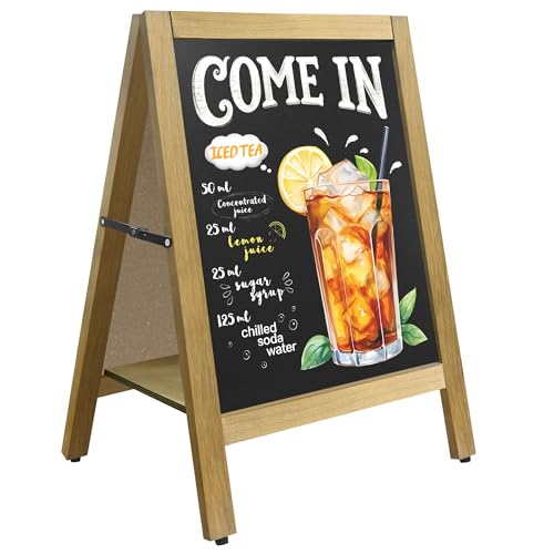 VAIIGO Pizarra Caballete 43×65 cm Magnética Doble Cara con Estante Central – Pizarra Negra de Tiza Plegable con Marco de Madera para Restaurante, Bar, Cafetería, Tienda, Interior y Exterior, Marrón