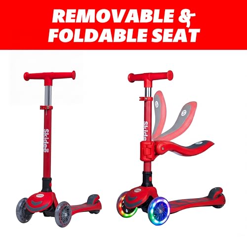 Image of SKIDEE Kick Scooter for Kids Ages 3-5 | Foldable 3 Wheel Scooter with Lean-to-Steer, Adjustable Height, Removable Seat & LED Light Wheels | Toddler Scooter Up to 12 Year Old Boys /Girls