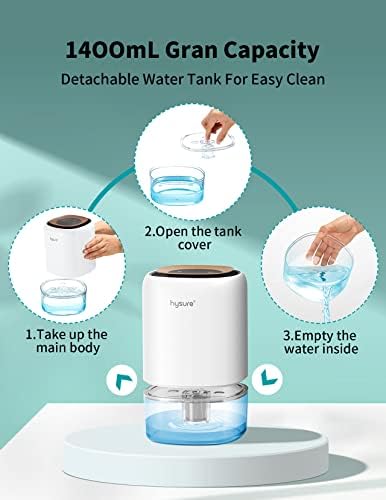 Hysure 1400ml Electric Dehumidifier for Home Damp with 7 Colorful Lights, Portable Small Dehumidifier for Bathroom Wardrobe Closet RV Bedroom Garage - White