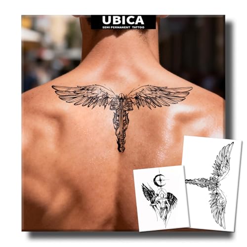 UBICA Semi Permanent Tattoos, 2 Sheets Realistic Large Temporary Tattoos for Men, Fake Tattoo for Back Arm Chest, Waterproof No Reflective, Lasts 2 Weeks(Brave Angel & Hummingbird Moon Angel)