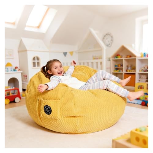 MinComfyWo City Beanbag Junior Round Bean Bag Chair – Cozy Bean Bags Lounge for Kids & Small Adults, Premium Durable Fabric, Perfect for Bedroom or Playroom-Cover-Popcorn-Yellow