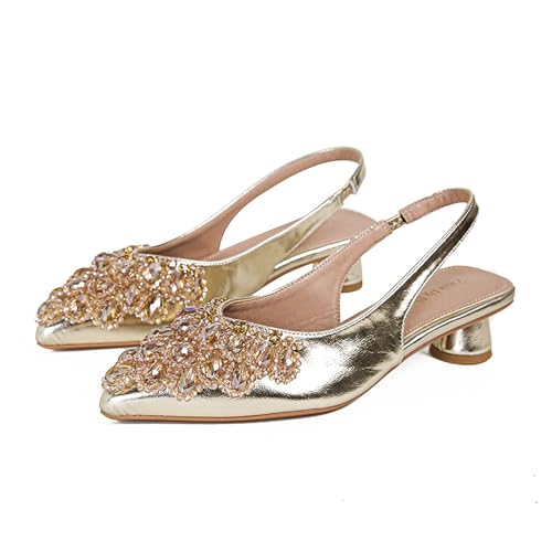 Women's Rhinestone Kitten Heel Slingback Sandals,Comfort Pointed Toe Slip On Block Heels Closed Toe Wedding Dress Pumps Shoes4