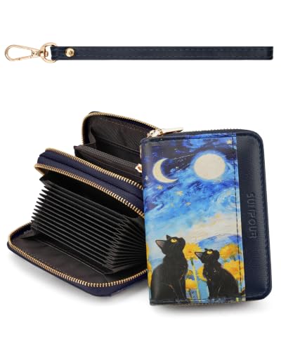 Image of Starry Cat Credit Card Holder for Women,Accordion Wallet | RFID Blocking Card Wallet, Vegan Leather with Wristlet, dual independent zipper compartments,17 Card Slots