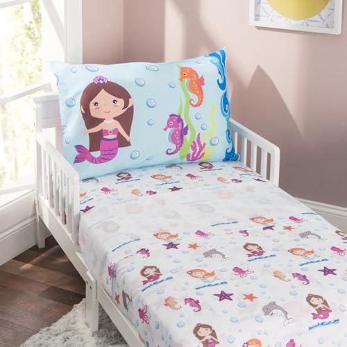 Image of EVERYDAY KIDS 4 Piece Toddler Bedding Set -Undersea Mermaids Adventure- Includes Comforter, Flat Sheet, Fitted Sheet and Reversible Pillowcase