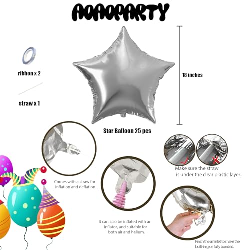 Image of 25Pcs Silver Star Shaped Foil Mylar Helium Balloons 18 Inch for Birthday Wedding Anniversary Engagement Party Decorations Supplies
