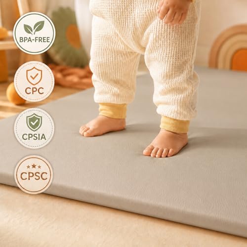 Image of Vegan Leather Baby Play Mat, 71x59 Thick Cushioned Waterproof Playpen Mat, Stylish Removable Cover Floor Mat for Babies & Toddlers, Soft Padded Play Mat for Safe Crawling, 1.2 inch Thick, Grey