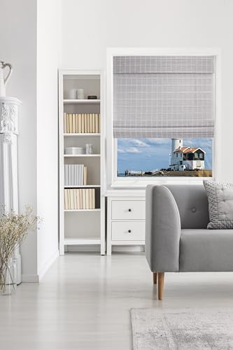THY COLLECTIBLES Cordless Bamboo Roman Window Blind Sun Shade, Light Filtering Roman Shades with Valance (Gray, W28 X L72)