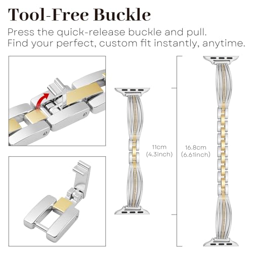 Image of AIRSPO Slim Gold Band Compatible with Apple Watch 38mm 40mm 41mm 42mm 44mm 45mm 46mm Women Thin Metal Strap Dressy Jewelry Bracelet with Bling Diamond for iWatch Bands Series 11 10 9 8 7 6 5 4 3 SE (Silver and Gold-02, 42mm /44mm /45mm /49mm /46mm(Series 10))