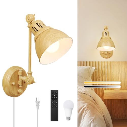 Image of GOODATE 1 Pack Plug in Wall Sconce with Remote Control, Dimming, Adjustable Colors 2700K-6500K, Plug in Wall Light, Swing Arm Wall Lamp with Night Light & Timer, LED Bulb Included, Oak Finish