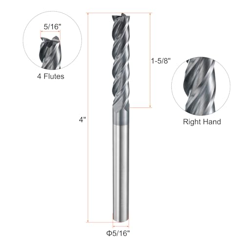 Image of HARFINGTON Carbide Square Nose End Mill Bit 5 /16 inch Cut Dia 4 Flutes TiAlN Coated Milling Cutter for Hardened Steel Metal (5 /16 inch Shank 1-5 /8 inch Cut Length 4 inch Long 30 Degree Helix HRC53-55)