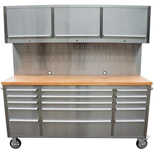 72-Inch Stainless Steel Rolling Tool Chest with 15 Drawers + 3 Upper Cabinets, Mobile Workbench, Assembled Large Tool Box Lockable Storage Cabinet with Wheels for Garage Workshop