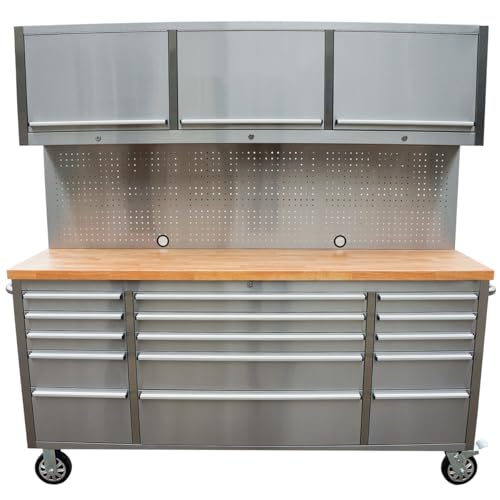 72-Inch Stainless Steel Rolling Tool Chest with 15 Drawers + 3 Upper Cabinets, Lockable Storage Cabinet, Mobile Workbench, Assembled Large Tool Box with Wheels for Garage Workshop (1 × HTC7218W1)