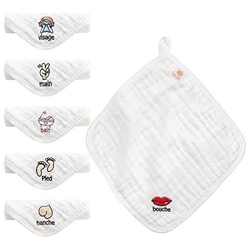 koo-dib 6 Débarbouillettes en Mousseline pour Bébé, Carré Doux 100% Coton Bio Ultra Absorbante Serviette Visage, Réutilisable Doux Gants de Toilette Serviettes pour Peau Nouveau-Né, 30 * 30 cm