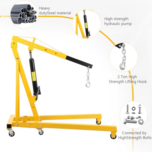 Image of 2 Ton Hydraulic Engine Hoist, Heavy Duty Shop Crane with 6 Swivel Casters & Adjustable Cherry Picker Boom, Hydraulic Pump Hoist for Garage Workshop Truck SUV Engines, Yellow