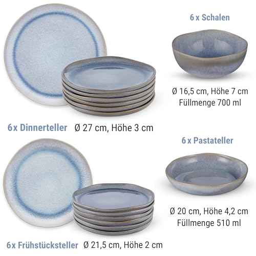 BUTLERS Geschirrset 6 Personen HILDA 24-tlg. Steingut Geschirr blau Tafelservice Landhaus | Speiseteller Frühstücksteller 6er Set, Schüssel Set, Pastateller | Mikrowellen- & spülmaschinenfest