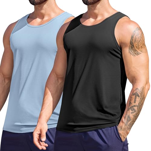COOFANDY 2 ou 3 Pack Debardeur Homme Sport Tee Shirt sans Manche Homme Séchage Rapide pour Running Gym Fitness Musculation Noir/Bleu Clair XL