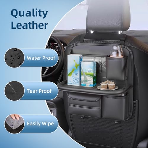 Singring Leather Car Backseat Organizer with Foldable Table Tray, Waterproof Car Seat Back Protectors Kick Mats, Foldable Car Table for Backseat Headrest with Pockets - Image 4