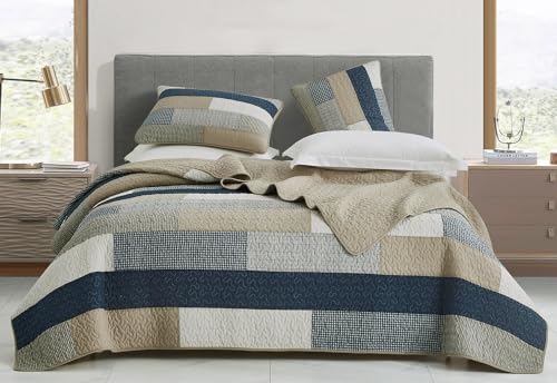 Chezmoi Collection Dylan 2-Piece Navy Blue White Gray Taupe Plaid Rectangular Patchwork Quilt Set - Pre-Washed Cotton Coverlet - Lightweight Bedspread for All Seasons, Twin Size by Chezmoi Collection - Used condition - Image 3