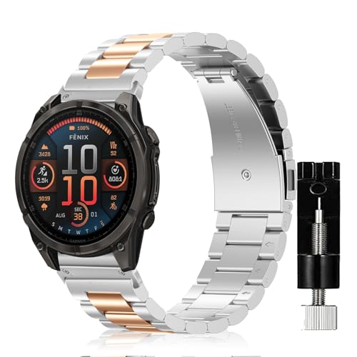 #VerdientProvisionen<br>QuickFit 22mm Armband für Garmin Fenix E 47mm/Fenix 8 47mm/Fenix 7 Pro/Fenix 7 Pro Solar/Fenix 7/Fenix6 GPS Metall Ersatzarmband Uhrenarmband für Garmin Fenix5/Fenix5 Plus/Epix Silber Roségold