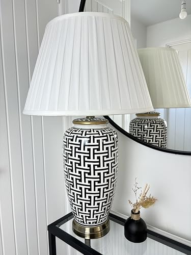 DOWNTON INTERIORS Black White Patterned Ceramic Porcelain Table Lamp (G2128) (White Pleated Shade)