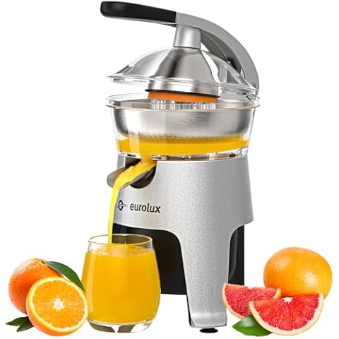 Eurolux Die Cast Stainless Steel Electric Citrus Juicer Squeezer, for Orange, Lemon, Grapefruit | 300 Watts of Power, With 2 Stainless Steel Filter Sizes for Pulp Control Cover