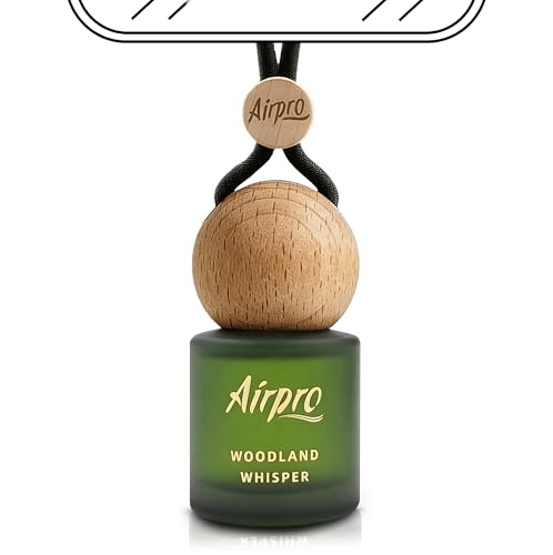 Image of Airpro Veil Woodland Whisper Wooden Hanging Car Air Freshener | Oud Inspired Car Perfume Hanging Pod | Glass Bottle with Wooden Diffuser | Long Lasting Luxury Car Perfume | Natural Fragrance | 8ml