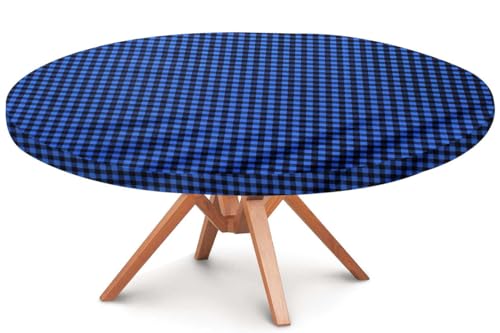 Image of The Furnishing Tree Round Elastic Fitted Dining Table Cover WxL 54x54 Inches Checkered Pattern Blue