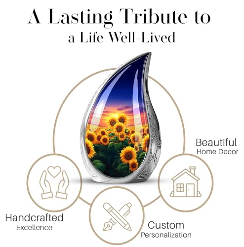 Image of Teardrop Sunflower Urns for Human Ashes Male - Burial Urns for Adult Human Ashes - Sunset Sunflower Urn for Adult Mother and Father - Large Decorative Urn for Mom and Dad 10inch