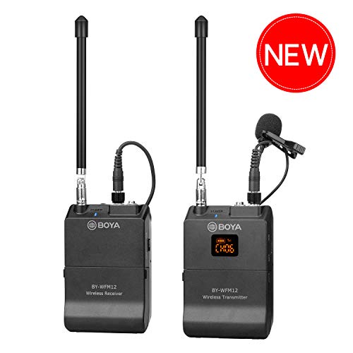 12-Channel Wireless Camera Microphone Smartphone, BOYA BY-WFM12 VHF Lapel Mic System Lavalier