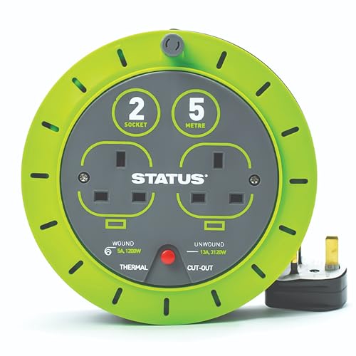 STATUS 2 Socket Cable Reel 5m Green Extension Lead