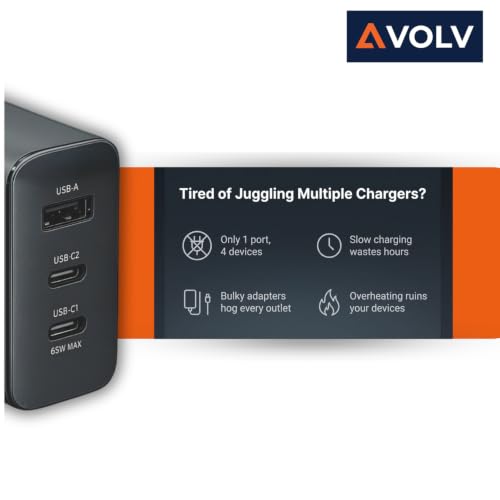 Image of Avolv AX9 110W Fast Charger | 3 Port USB Charger | Universal Fast Charging | Compatible for iPhone, Samsung, OnePlus, Xiaomi, iQOO, Realme, MacBook & USB-C Devices, Black