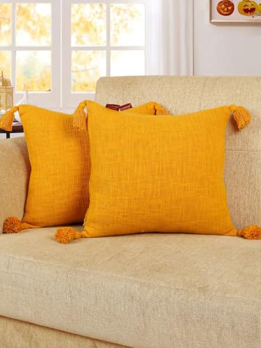 Image of HOMADORN Luxury Cotton Handmade Decorative Boho Throw Pillow Covers with Tassels for Sofa Couch Living Room Indoor Outdoor Chair Car Farmhouse (16X16 INCHES (Square), Mustard (Pack of 2))
