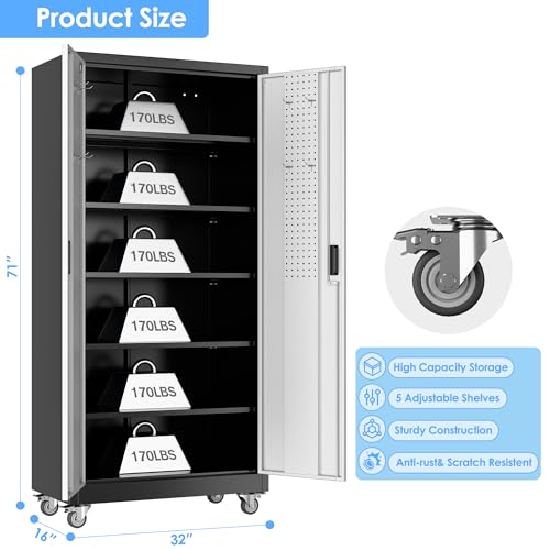 Image of Aobabo Upgraded Garage Storage Cabinets with Wheels,Metal Storage Cabinets with 5 Adjustable Shelves for Garage Home Office Storage, Black&Silver,71''H*32''W*16''D,Assembly Required