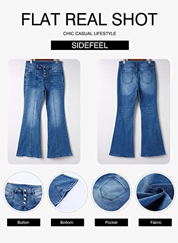 Sidefeel Women's Flare Bell Bottom Jeans Wide Leg Jeans Button High Waist Bootcut Pants With Pocket Blue Size 18 #TOP5