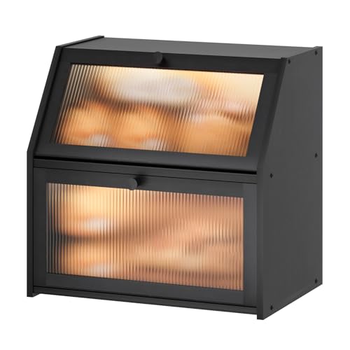 Image of Vriccc Extra Large Black Bread Box for Kitchen Counter, Large Bamboo Wood Double Layer Bread Box, Wooden Bread Storage Capacity