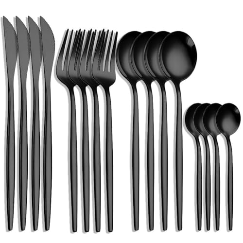 Image of 16 pcs Flatware Set, Black Silverware Set for 4, Knife Fork Spoon, Stainless Steel Home Dinnerware Tableware,Mixed Cutlery Set Eating Utensils for Restaurants (16 Pcs Black)