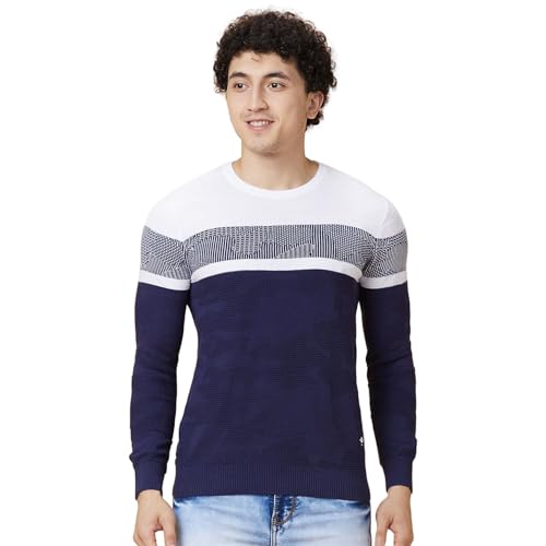 Image of Being Human Colourblocked Navy Blue Round Neck Sweater